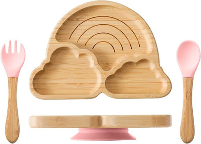 Bamboo Suction Plate for Baby Kid Toddler Plate Spoon Fork Set with Removable Silicone Suction All-Natural Baby Feeding Set for Baby-Led Weaning Fits Feeding High Chair Table