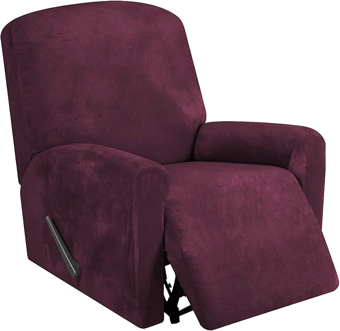 FestiCorp Recliner Chair Covers Real Velvet 4-Pieces Recliner Covers for Small Lazy Boy Recliner Chair Stretch Recliner Sofa Slipcovers Furniture Protector with Side Pocket & Elastic Bottom, Burgundy