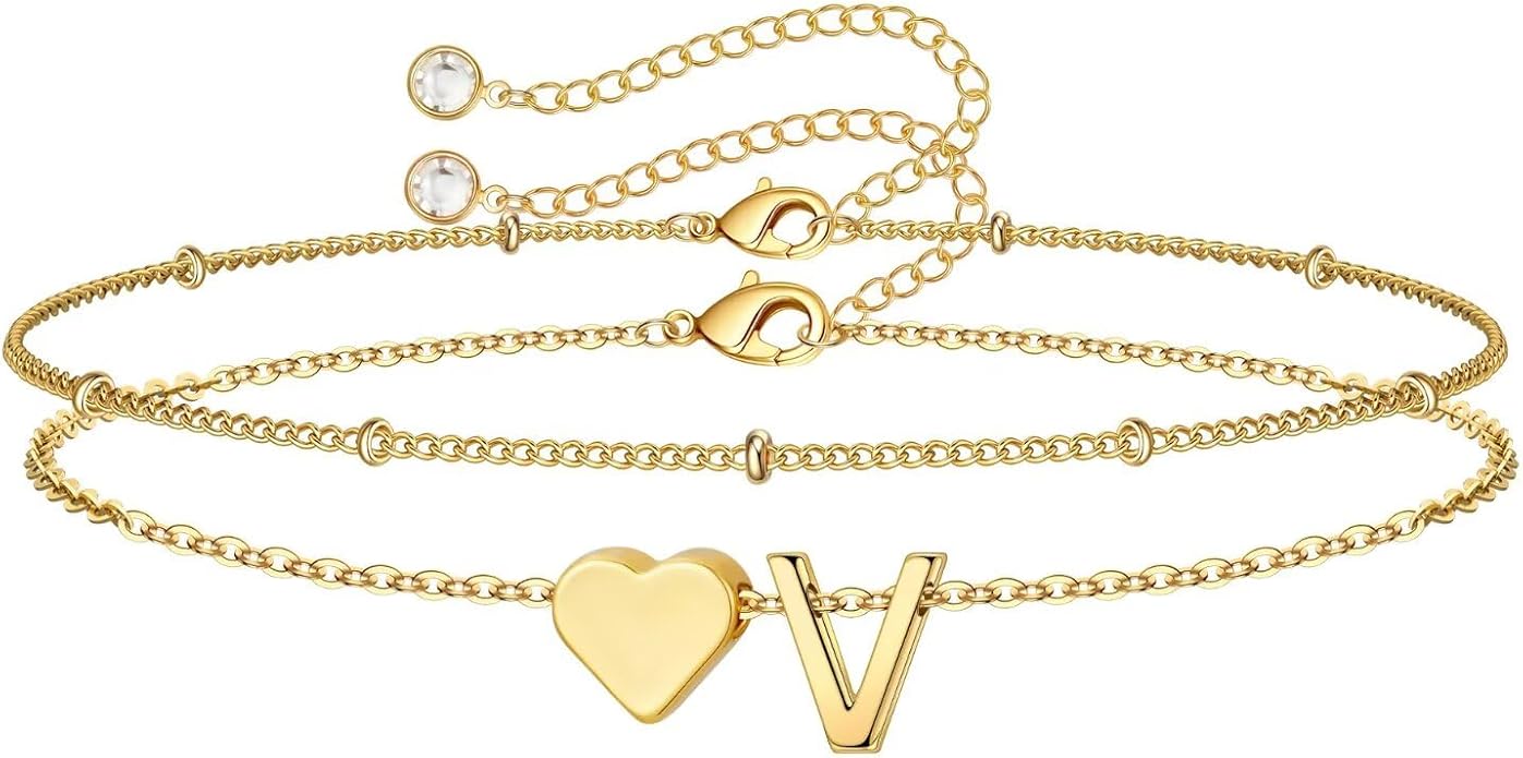 M MOOHAM Mothers Day Gifts for Kids Teens Girls - 14K-Gold-Plated Heart Initial A-Z Bracelets for Women Girl Dainty Gold Bracelets Birthday Mothers Day Gifts for Mom Grandma Teenage Girls Kids Teens