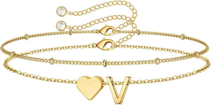 M MOOHAM Mothers Day Gifts for Kids Teens Girls - 14K-Gold-Plated Heart Initial A-Z Bracelets for Women Girl Dainty Gold Bracelets Birthday Mothers Day Gifts for Mom Grandma Teenage Girls Kids Teens