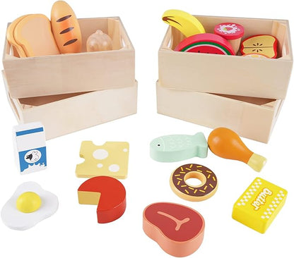Food Groups - Wooden Play Food Sets, Pretend Play Kitchen Toys, Toy Food Accessories for Toddlers 1-3, Wood Play Fake Food for 1 2 3 Year Old Boys Girls Birthday Gift