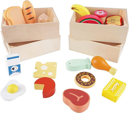 Food Groups - Wooden Play Food Sets, Pretend Play Kitchen Toys, Toy Food Accessories for Toddlers 1-3, Wood Play Fake Food for 1 2 3 Year Old Boys Girls Birthday Gift