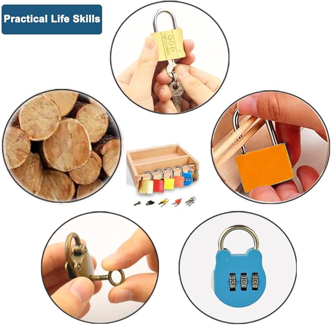 Montessori Lock and Key Toy Set for Toddlers, Montessori Educational STEM Lock Toys Matching Games Lock Set with Wooden Tray for 3 4 5 Year Old Kids