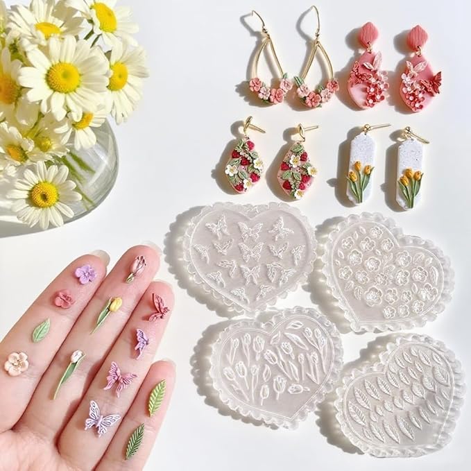 4Pcs Heart Shaped Polymer Clay Molds, Embossing for Polymer Clay, Resin, Jewelry Making, Earring Charms, Scrapbooking, DIY Crafts, Non-Stick, Easy Release Clay Tools for Beginners & Professionals