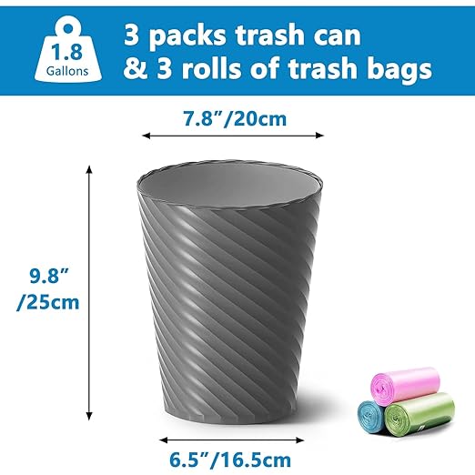 Lysam Bathroom Trash Can, 3 Pack 1.8 Gallons Small Trash Can with Trash Bags, Bathroom Garbage Can, Plastic Trash Bin, Round Waste Basket for Bedroom, Office, Room (White Blue Grey)
