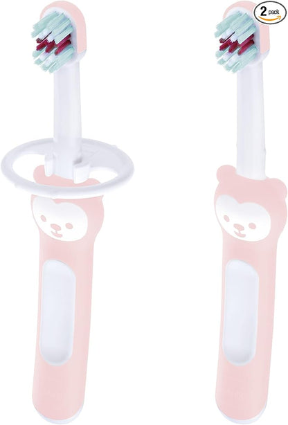 MAM Baby Toothbrushes (2 Baby's Brushes and 1 Safety Shield), Toothbrushes with Brushy The Bear Character, Interactive App, for Girls 6+ Months, Pink