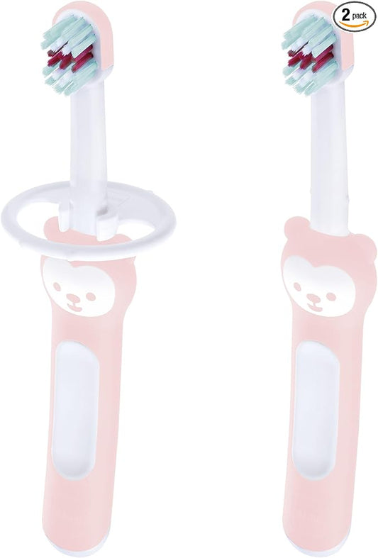 MAM Baby Toothbrushes (2 Baby's Brushes and 1 Safety Shield), Toothbrushes with Brushy The Bear Character, Interactive App, for Girls 6+ Months, Pink
