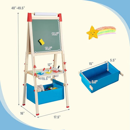 HONEY JOY Easel for Kids, Wooden Height Adjustable Double-Sided Toddler Easel w/Magnetic Chalkboard & White Board, Paper Roll, 60+ Painting Accessories, Magnetic Letters, Art Easel for Boys Girls