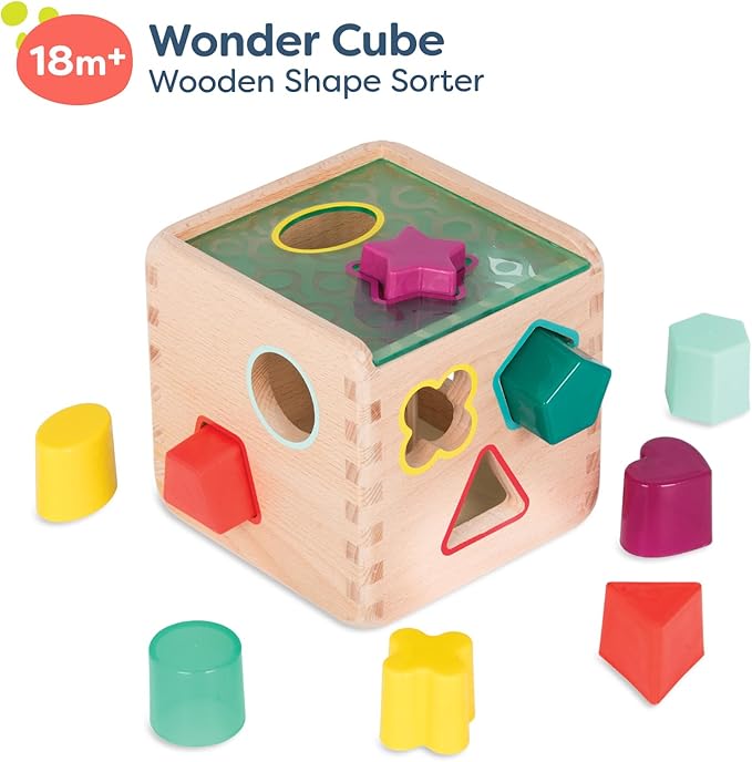B. toys- Wonder Cube- Developmental Toy- Wooden Shape Sorter Cube – 9 Colorful Shapes – Educational Wooden Toy for Toddlers, Kids – 18 Months +