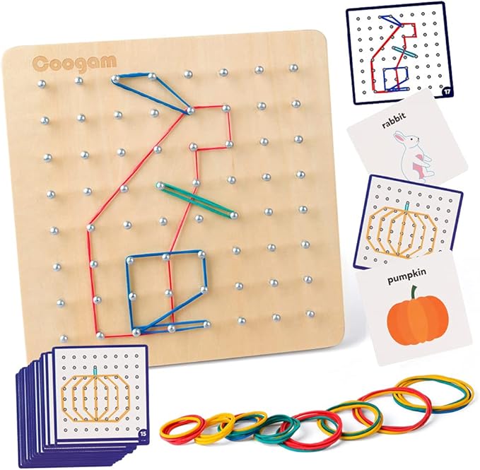 Coogam Wooden Geoboard Mathematical Manipulative Material Array Block Geo Board – Graphical Educational Toys with 30Pcs Pattern Cards and Latex Bands Shape STEM Puzzle Matrix 8x8 Brain Teaser for Kid