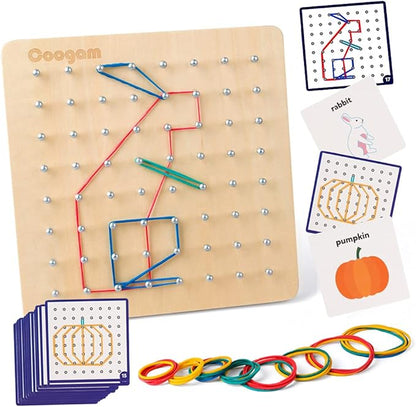 Coogam Wooden Geoboard Mathematical Manipulative Material Array Block Geo Board – Graphical Educational Toys with 30Pcs Pattern Cards and Latex Bands Shape STEM Puzzle Matrix 8x8 Brain Teaser for Kid
