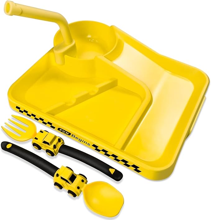 Construction Toddler Plates - Toddler Eating Utensil Set with Removable Straw - Toddler Utensils Set - Baby Plates Feeding Set - for Stocking Stuffers and Birthday Gifts - Yellow
