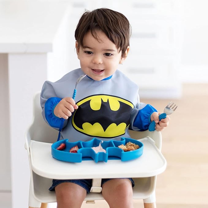 Bumkins Toddler and Baby Suction Plate, Silicone Grip Dish, Babies and Kids, Baby Led Weaning, Children Feeding Supplies, Non Skid Sticky Bottom, Platinum Silicone, Ages 6 Months Up, Batman Blue