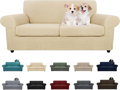 MAXIJIN 3 Piece Stretch Couch Covers for 2 Cushion Couch Sofa Slipcovers with 2 Extra Large Seat Cushion Couch Jacquard Loveseat Sofa Couch Cover for Dogs (2 Cushion Sofa, Light Beige)