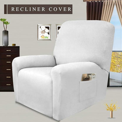 Easy-Going 4 Pieces Microfiber Stretch Recliner Slipcover – Spandex Soft Fitted Sofa Couch Cover, Washable Furniture Protector with Elastic Bottom for Kids, Pet(Recliner, Snow White)