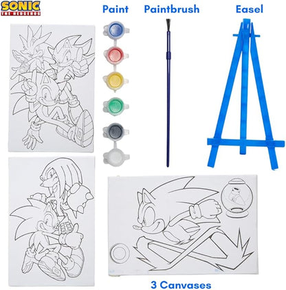 Innovative Designs Sonic The Hedgehog Canvas Paint Set for Kids with 3 Canvases, Acrylic Paint, Paintbrush, & Easel