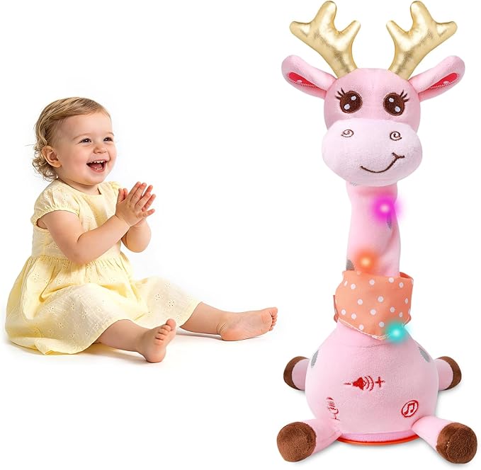 Dancing Talking Giraffe with Golden Antlers Toy, Stuffed Animal Baby Toy Repeating What You Say, Glowing Musical Electronic Giraffe with Golden Anlters Easter Gifts for Toddlers 1-3 Years Old (pink)