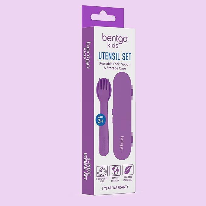 Bentgo Kids Utensil Set - Reusable Plastic Fork, Spoon & Storage Case - BPA-Free Materials, Easy-Grip Handles, Dishwasher Safe - Ideal for School Lunch, Travel, & Outdoors (Purple)
