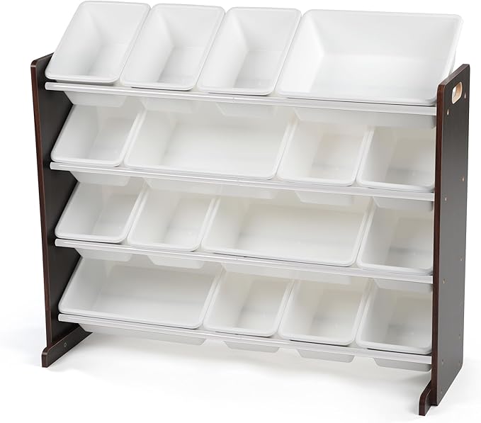 Humble Crew Toy Storage Organizer with 16 Removable Storage Bins for Kids Playroom, 4-Tier Toddler Toy Organization and Storage, Espresso/White