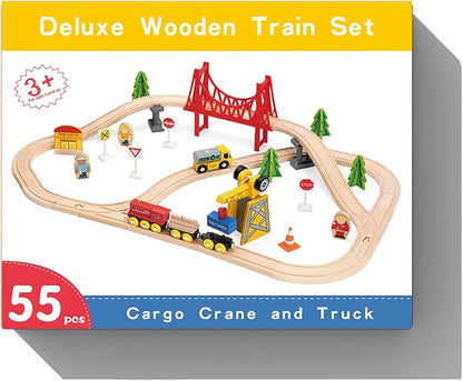 Tiny Land 55PCS Wooden Train Set - Compatible with Major Brand Tracks, Educational Toy for Toddlers & Kids Ages 3-7, Durable Wooden Railway Tracks