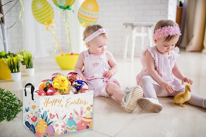 Rectangular Easter Baskets, Kids Easter Storage Bins Organizer.Cute Storage Basket with Handles.Boys and Girls,Easter Bunny Eggs Decor,Toys,Books,Easter Gifts (Easter Eggs)