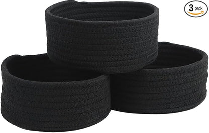 Small Basket, Set of 3 Woven Baskets, Cotton Rope Small Baskets for Organizing, Cute Mini Tiny Storage Basket for Gifts, Decorative Boho Round Bathroom Organization Bin (Black)