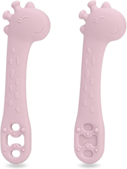 Silicone Giraffe Baby Spoon and Teether BPA Free Soft Tip Utensils for Baby Led Weaning Self Feeding and Teething Relief Dishwasher Safe Easy to Hold Infant Training Spoon Set for 6+ Months 2 Pack