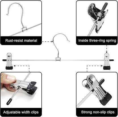 Pants Hangers,Skirt Hangers with Adjustable Non-Slip Clips Pants Hangers,Space Saving Metal Hangers for Coat Garment Jeans,Hangers for Kids Adults (20 Pack)