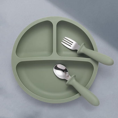 Baby Feeding Set, 2 Pack Silicone Divided Suction Plates for Baby, 2 Pack Spoons and Forks Set, BPA Free, Baby Led Weaning Supplies for Toddler Utensils