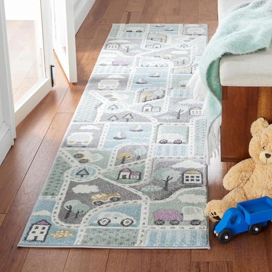 SAFAVIEH Carousel Kids Collection Runner Rug - 2' x 8', Grey & Light Blue, Non-Shedding & Easy Care, Ideal for High Traffic Areas for Boys & Girls in Playroom, Nursery, Bedroom (CRK193F)