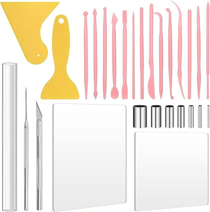 28Pcs Polymer Clay Cutter Tools, Pletpet Polymer Clay Tools Acrylic Roller/ 14 Sculpting Kits/ 7 Circle Shape Cutter/ 2 Acrylic Sheets for Press/ 2 Scarper/Needle Detail Shaping
