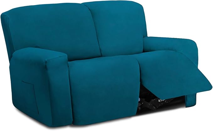 Easy-Going 6 Pieces Microfiber Stretch Sectional Recliner Sofa Slipcover Soft Fitted Fleece 2 Seats Couch Cover Washable Furniture Protector with Elasticity for Kids(Recliner Loveseat, Peacock Blue)