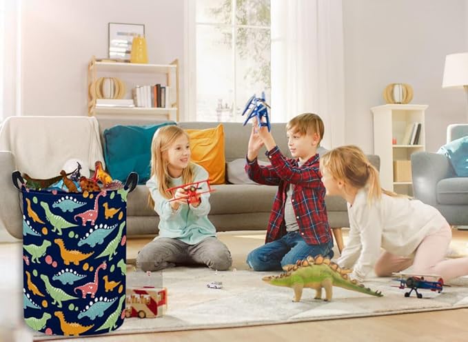 ESSME Dinosaur Laundry Basket Storage Bin large Collapsible Canvas Waterproof Coating Nursery hamper for Toy Bins,Baby hamper,Boys and Girls,Home Organizer.(Navy Blue dinosaur)