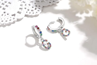 Presentski Initial Earrings 925 Sterling Silver Colorful Huggie Small Hoop Earrings Rainbow CZ Drop Dangle Simple Alphabet Earrings S925 Hypoallergenic Earring Letter A-Z for Daughter Women