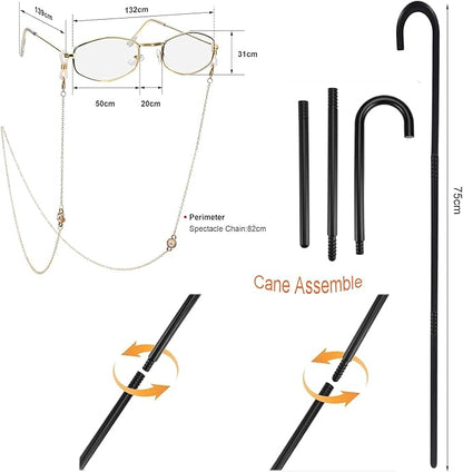 11Pcs 100 Days of School Old Lady Costume for Kids, elderly outfit for Girls, Wig Cane Cosplay Accessories Blue, S