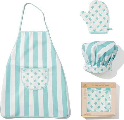 Kid Apron and Chef Hat Set, 3 Pcs Children Cooking Baking Set Kits Role Play Chef Toy Kid Cooking Gift for Girls Boys (Blue)