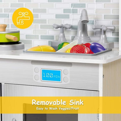 OLAKIDS Kids Kitchen Playset, Wooden Play Kitchen for Toddlers with Real Sounds, Stove Microwave Oven Sink Faucet, Large Storage Cabinet, Pretend Play Toys Cooking Gift for Boys Girls (Silver)