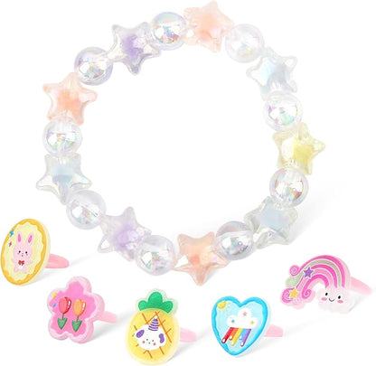 Little Girl Jewel Rings, Adjustable Pink Rings Girls Kids Pretend Play and Dress up Jewelry Set, Cute Rings with Display Case Party Favors Toys Gifts