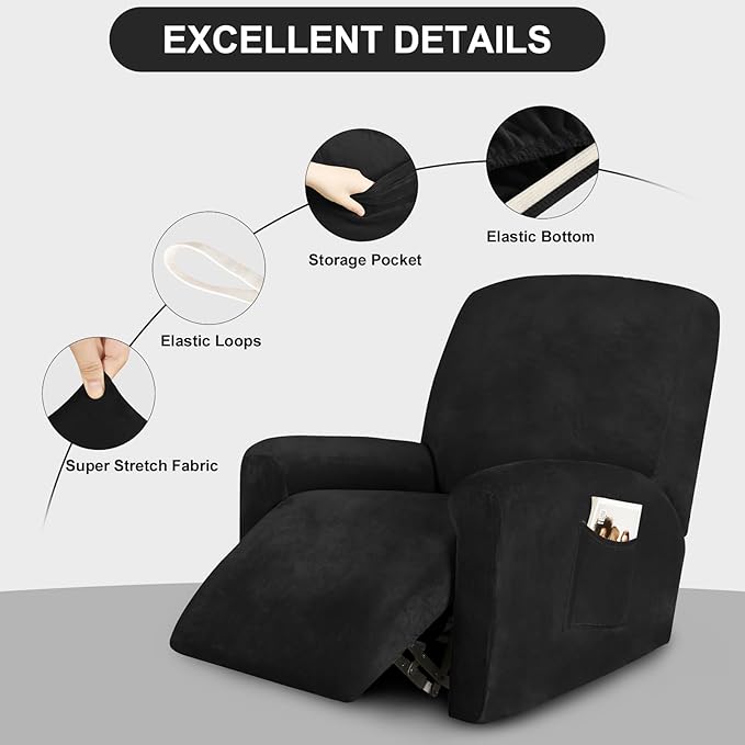 FestiCorp Recliner Chair Covers Real Velvet 4-Pieces Recliner Covers for Small Lazy Boy Recliner Chair Stretch Recliner Sofa Slipcovers Furniture Protector with Side Pocket & Elastic Bottom, Black