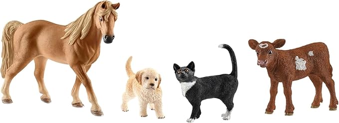 Schleich Farm World 4pc Animal Figurine Starter Playset - Educational Farm Animal Collection Starter Kit Toy with Cat, Horse, Puppy, and Calf, Durable for Boys and Girls, Gift for Kids Ages 3+