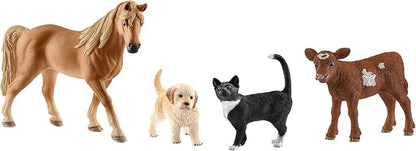 Schleich Farm World 4pc Animal Figurine Starter Playset - Educational Farm Animal Collection Starter Kit Toy with Cat, Horse, Puppy, and Calf, Durable for Boys and Girls, Gift for Kids Ages 3+