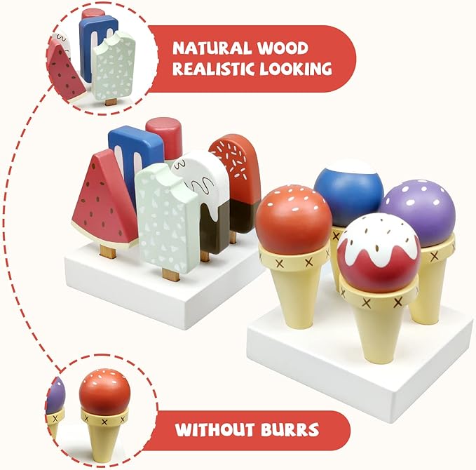 12 Pieces Ice Cream Toy Set with Wooden Popsicle Ice Cream Bar Pretend Play Food Accessories for Kids Encourage Role Play and Develops Social Skills for Children 3+