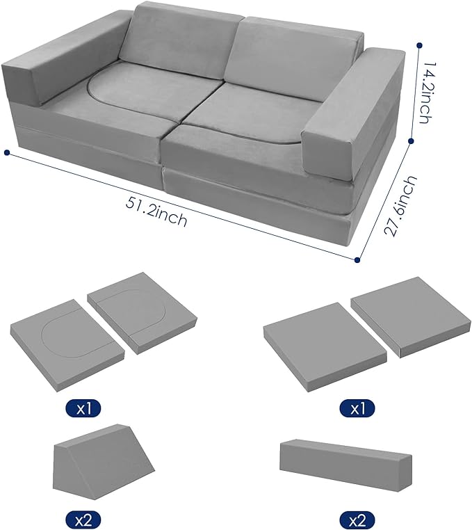 MeMoreCool 10-Pieces Kids Play Couch, Toddler Couch for Playroom, Grey
