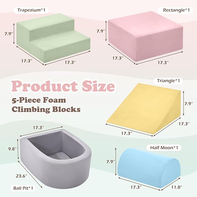 Climbing Toys for Toddlers 1-3, Foam Climbing Blocks and Ball Pit for Baby, 5-Piece Soft Foam Toddlers Climbing Toys,Climbing Crawling Toys Soft Foam Blocks Activity Play Set(Balls not Included)