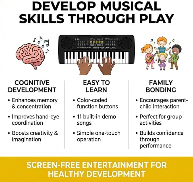 Raimy Piano Keyboard for Kids, 37 Keys Portable Keyboard Piano Early Learning Educational Electronic Musical Instrument Toys Gifts for 3 4 5 6 7 8 9 Year Old Boys and Girls (Black)