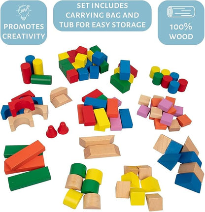 Wooden Blocks - 100 Pc Wood Building Block Set with Carrying Bag (Rainbow Colored)- 100% Real Wood in 7 Colors and 14 Shapes - Stack, Build and Store- Fun Gift, Back to School Project