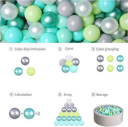 GOGOSO Ball Pit Balls -100pcs BPA Free Balls Crush Proof Pool Balls Toy for Baby Boys Girls Playhouse Pool Birthday Party Decoration,Pearl Balls +Macaron Balls Green+Gray+White