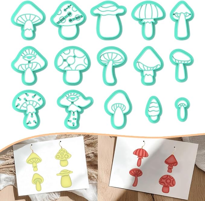 ACRNIGHEET Mushroom Clay Cutters - 15pcs 3D Clay Cutters for Polymer Clay, Clay Cutters Shapes Mushroom, Cookie Cutter, DIY Earring Making Tools with Storage Box
