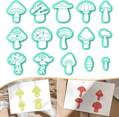 ACRNIGHEET Mushroom Clay Cutters - 15pcs 3D Clay Cutters for Polymer Clay, Clay Cutters Shapes Mushroom, Cookie Cutter, DIY Earring Making Tools with Storage Box