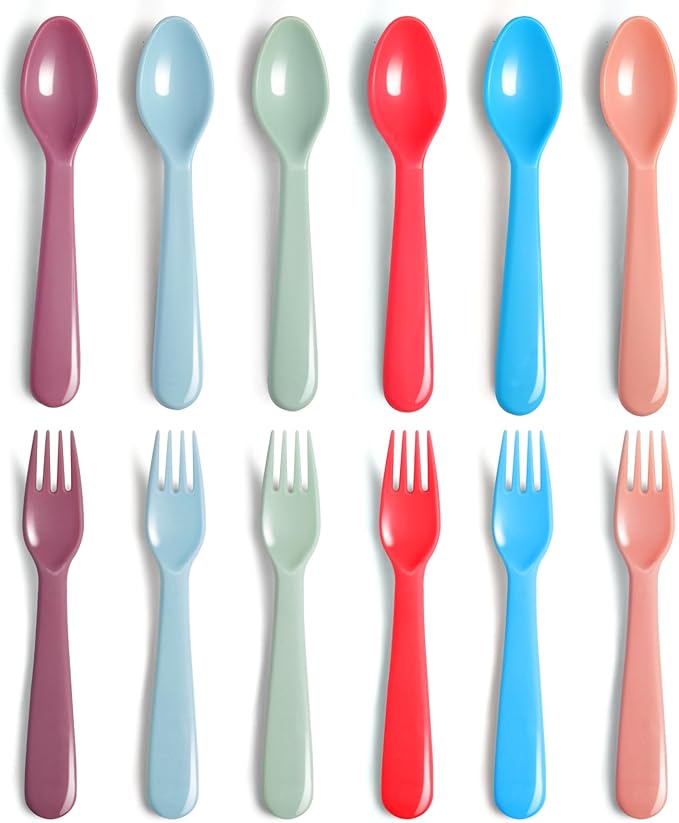 ChaLeeMoo12Pcs Plastic Kids Forks and Spoons Set, Reusable Toddler Utensils Assorted Colors Kids Silverware Set for School Lunch Box Camping Travel, Also for Adult to Use, BPA Free Dishwasher Safe